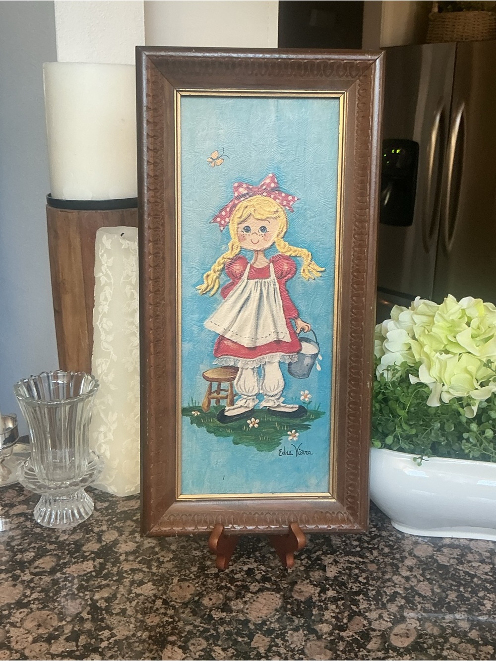Vintage Art Print Edna Vierra Little Girl On Farm Milk Can Folk Art Wood Frame